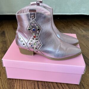 Yosi Samra Metallic Pink Kids Boots with Jewel Accents